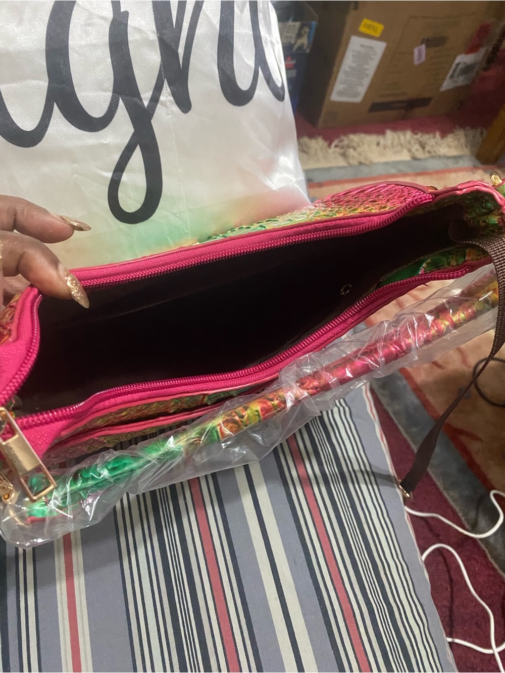 Vibrant Pink Multicolor Woven Crossbody Bag